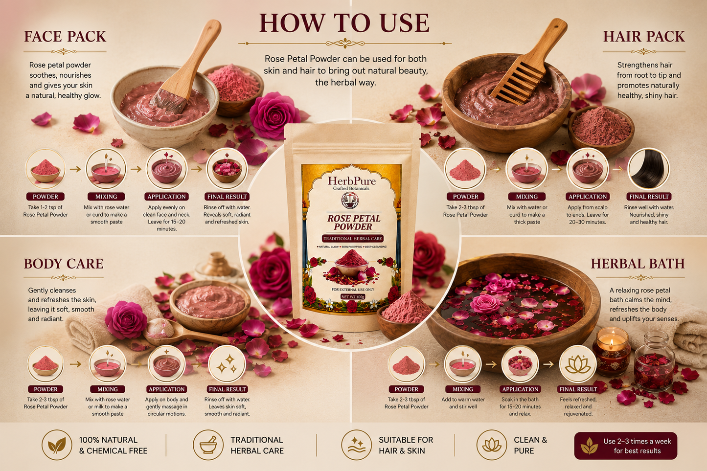 HerbPure Rose Petal Powder – 100% Pure & Natural