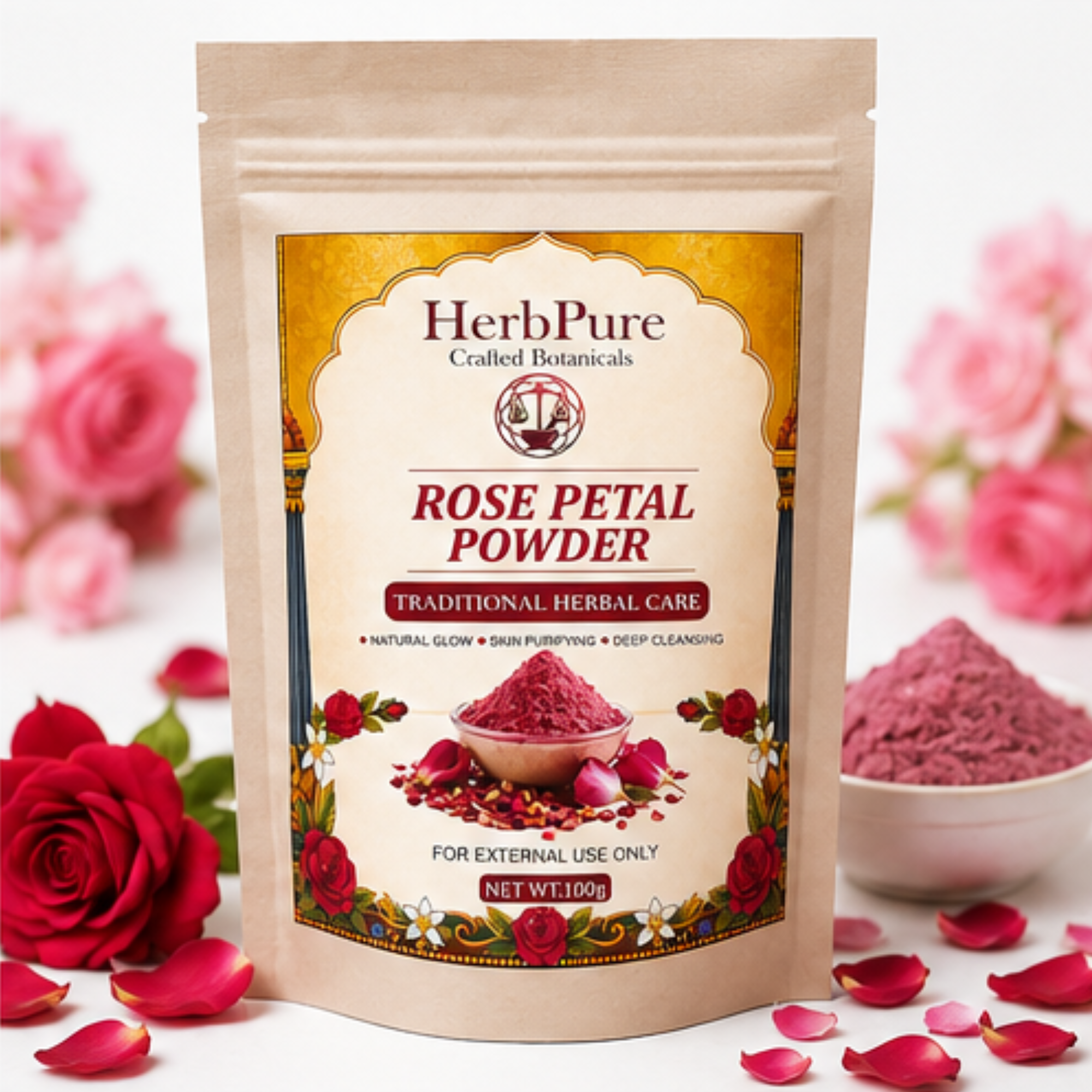 HerbPure Rose Petal Powder | 100% Pure & Natural Face Pack for Glowing Skin | 100g
