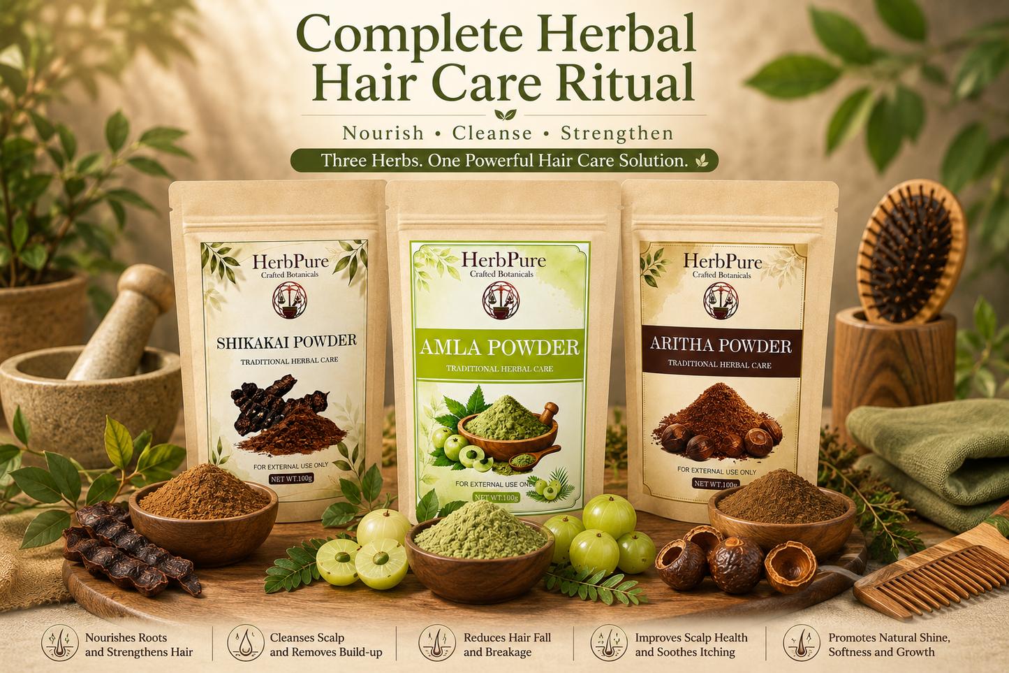 HerbPure Herbal Hair Care Combo – Amla, Reetha & Shikakai Powder (300g)