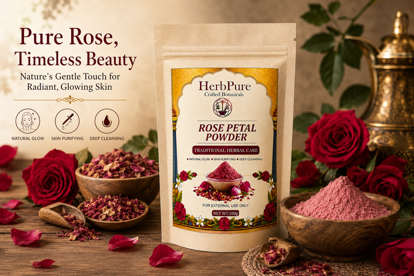 HerbPure Rose Petal Powder – 100% Pure & Natural
