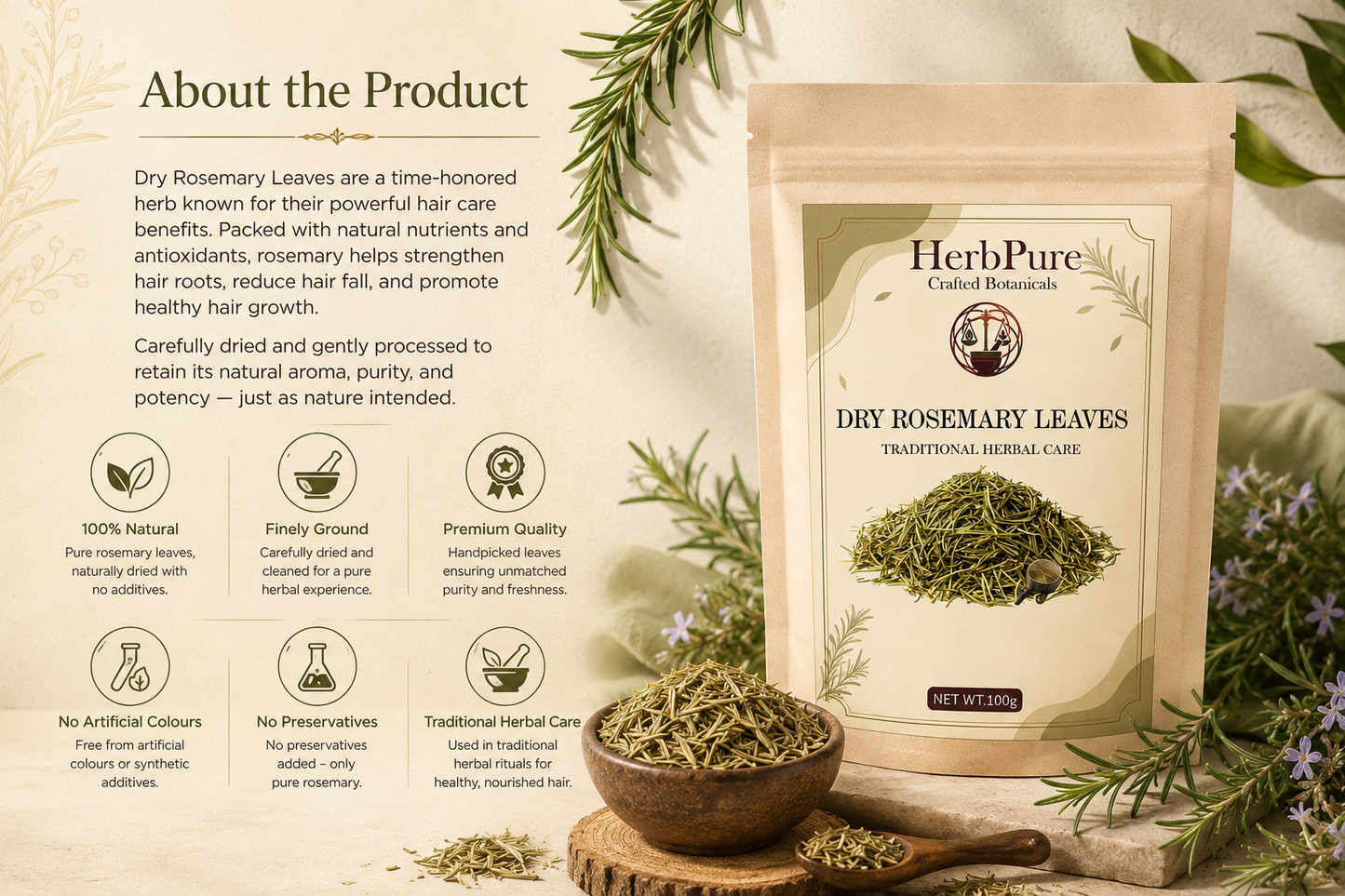 HerbPure Dried Rosemary Leaves – 100% Pure & Natural