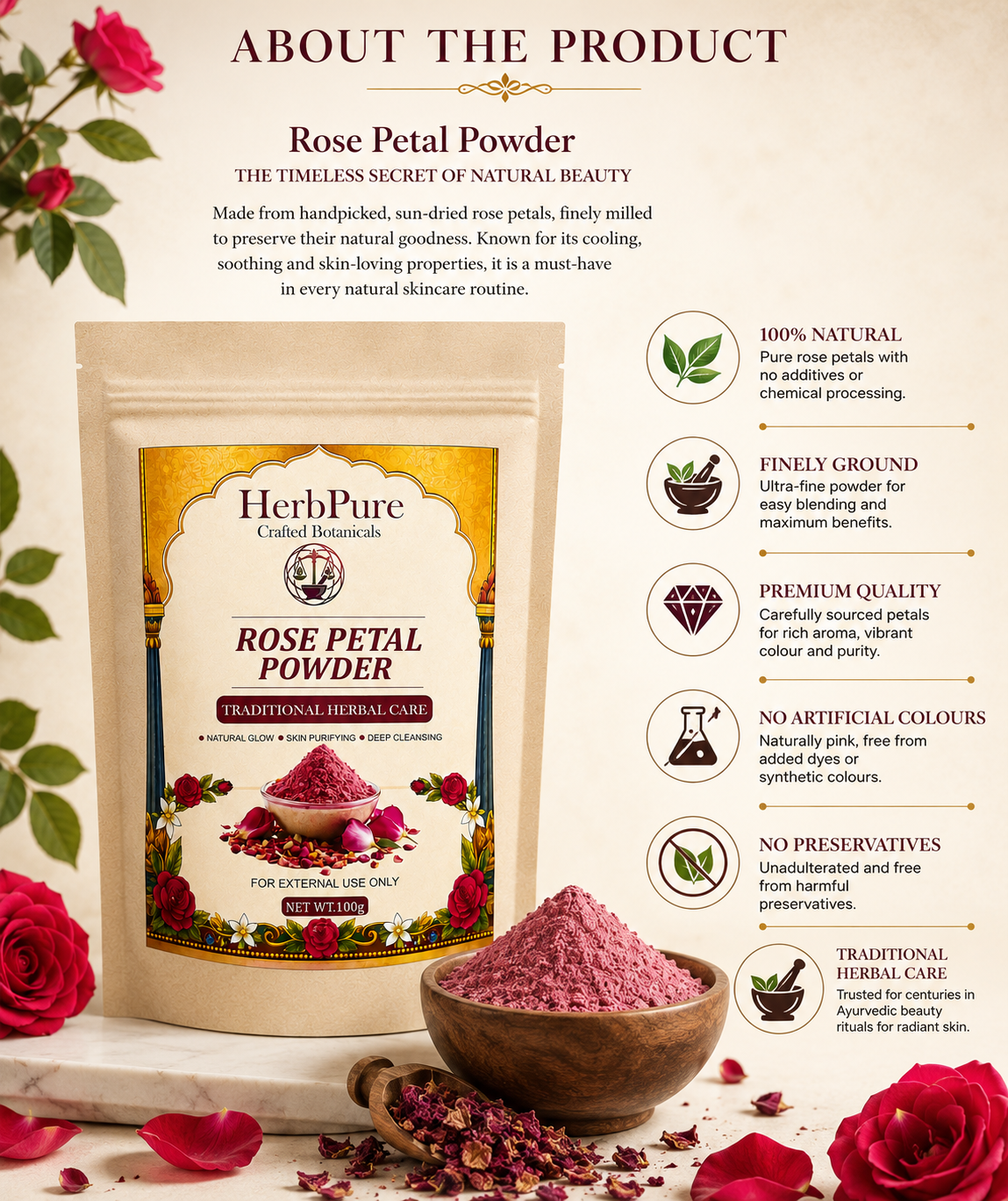 HerbPure Rose Petal Powder – 100% Pure & Natural