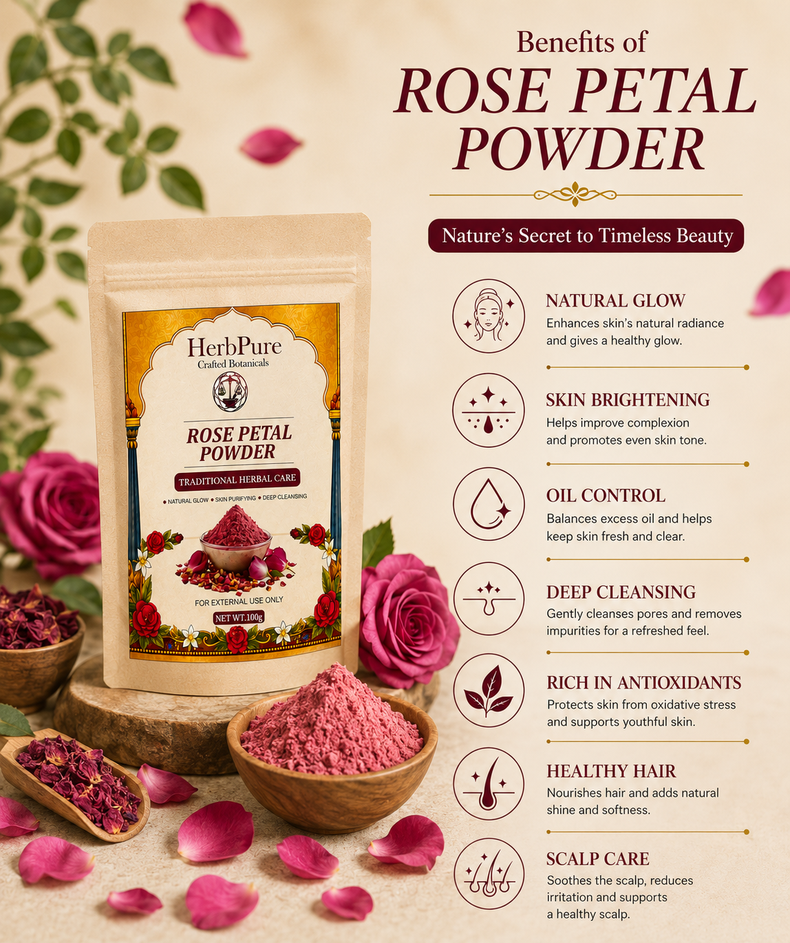 HerbPure Rose Petal Powder – 100% Pure & Natural