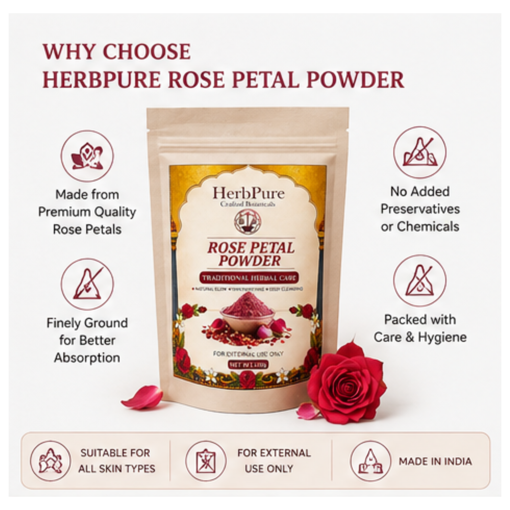 HerbPure Rose Petal Powder | 100% Pure & Natural Face Pack for Glowing Skin | 100g