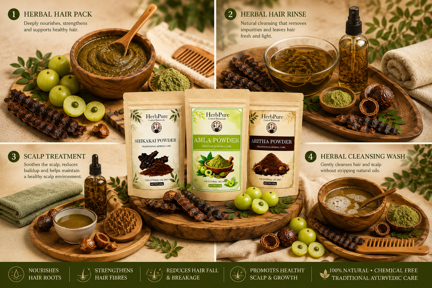 HerbPure Herbal Hair Care Combo – Amla, Reetha & Shikakai Powder (300g)