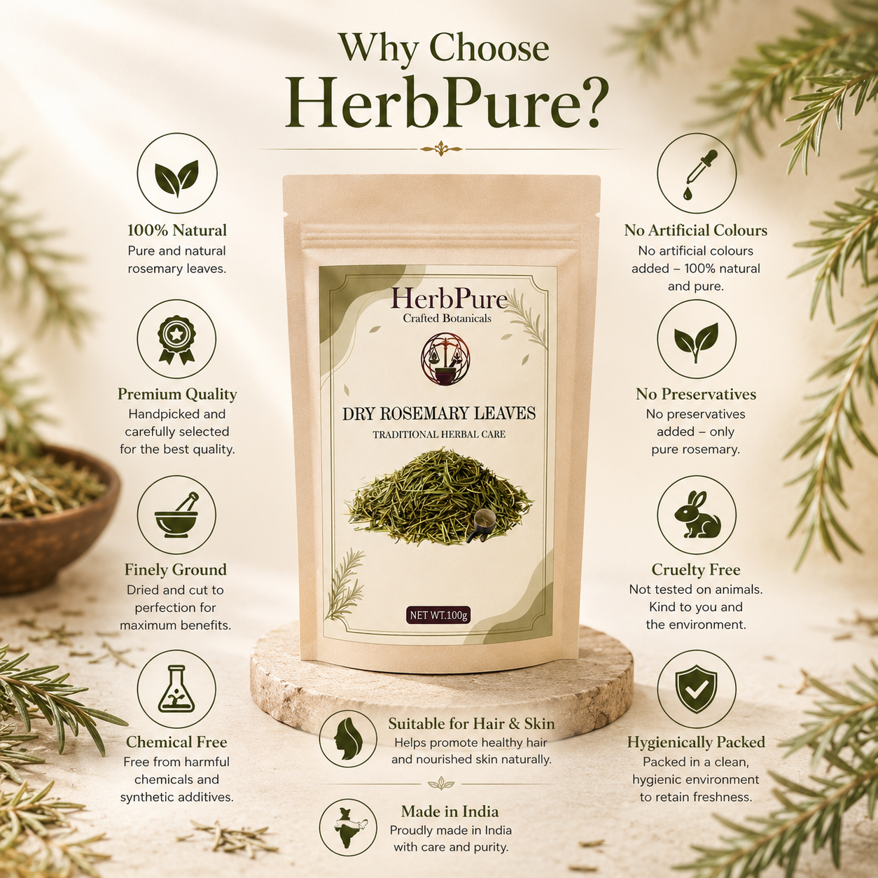 HerbPure Dried Rosemary Leaves – 100% Pure & Natural